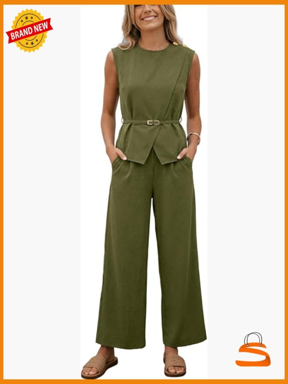2 Piece Outfit, Sleeveless Crew Neck Top & Pants with Pockets
